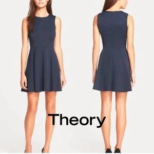 Theory Tillora Aligned Navy Wool Blend Jacquard Fit & Flare Dress 6 Medium EUC